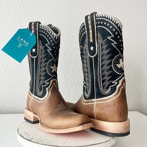 Lane RODEO HOUSTON Mens Cowboy Boots 9 Brown Leather Western Mid Calf Blunt Toe - Picture 1 of 9